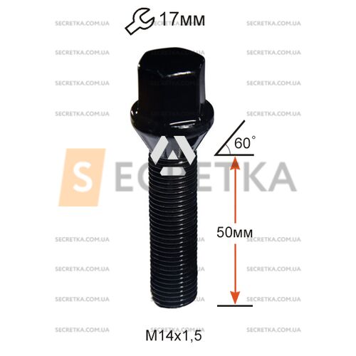 Болт колесный A174195 BA Cr М14х1, 5х50мм Конус Черный Хром Ключ 17 (BMW, Volvo, Fiat, Citroen, Saab, Peugeot) Удлиненный