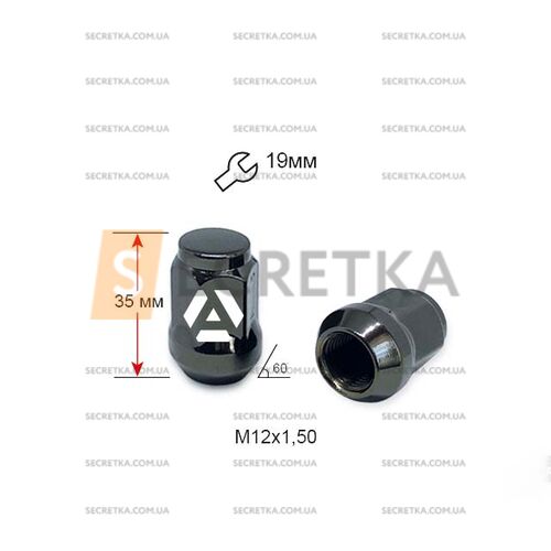 Гайка колесная A801445 GB M12х1,5х35мм Конус (Mazda, Kia, Hyundai, Daihatsu) Закрытая Темно-серый Хром Ключ 19