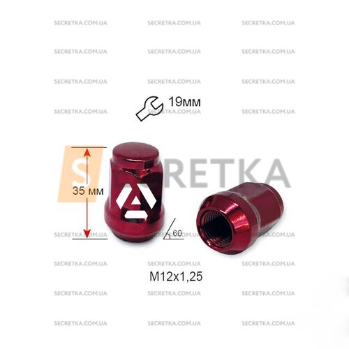 Гайка колесная A801444 RD M12х1,25х35мм Конус (Matiz, Nissan, Niva, Subaru, Suzuki) Закрыта Красный Хром Ключ19