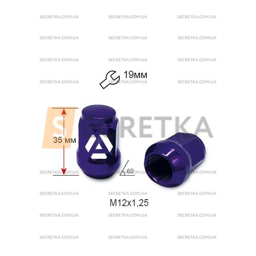Гайка колесная A801444 PP M12х1,25х35мм Конус (Matiz, Nissan, Niva, Subaru, Suzuki) Закрыта Фиолетовый Хром Ключ19