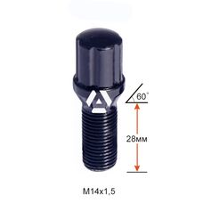 Болт колесный шлицевой A174110SD BA Cr М14х1,5х28мм Конус Черный Хром (Alfa Romeo, BMW, Fiat, Citroen, Saab, Peugeot, Renault, Volvo) для узких отверстий в диске Ключ-Адаптер AK192106SD