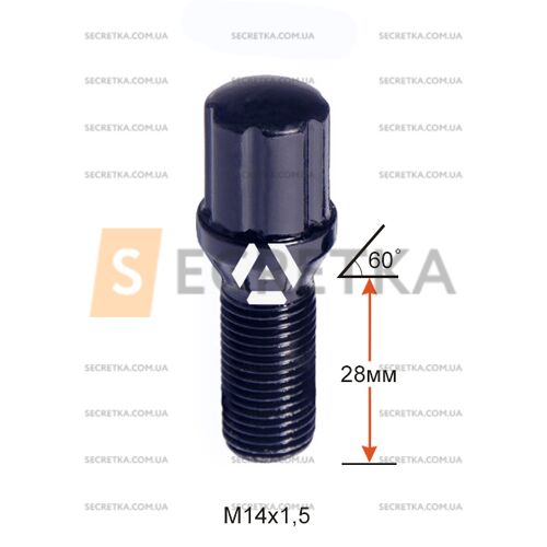 Болт колесный шлицевой A174110SD BA Cr М14х1,5х28мм Конус Черный Хром (Alfa Romeo, BMW, Fiat, Citroen, Saab, Peugeot, Renault, Volvo) для узких отверстий в диске Ключ-Адаптер AK192106SD