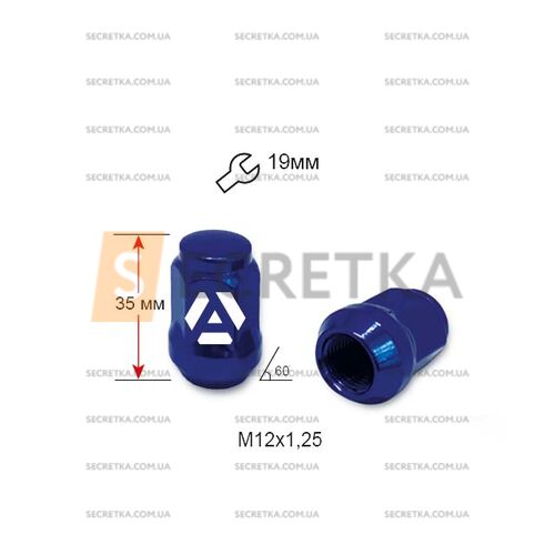Гайка колесная A801444 BU M12х1,25х35 мм Конус (Matiz, Nissan, Niva, Subaru, Suzuki) Закрытая Синий Хром Ключ19