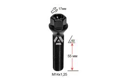 Болт колесный A177216 BK М14х1, 25х55мм Конус (BMW, Mini) Черный Ключ 17мм Удлиненный