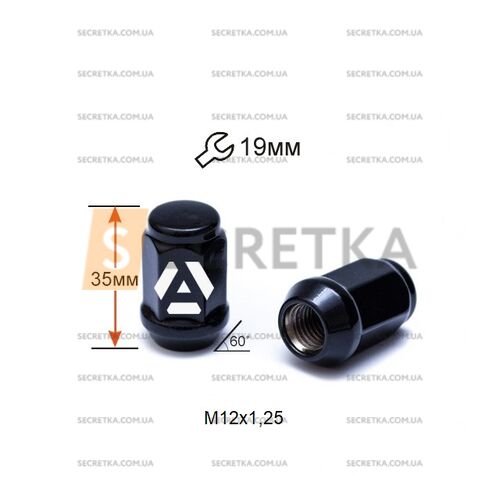 Гайка колесная A801444 BA М12х1, 25х35мм Конус(Matiz, Nissan, Niva, Subaru, Suzuki) закрыта Черный Хром Ключ19