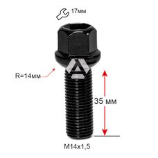 ALFARRO | Болт колесный A184137M BA М14х1, 5х35мм Сфера R14 Черный Ключ 17 (Mercedes-Benz)