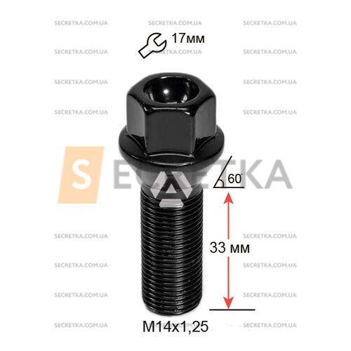 Болт колесный A177130 BK М14х1, 25х33мм Конус (BMW, Mini) Черный Ключ 17мм Удлиненный