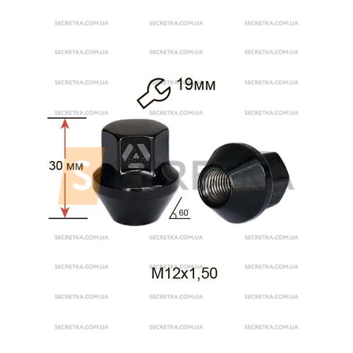 Гайка колесная A342145BA М12х1,5х30мм Конус (Ford) Закрыта Черный Хром Ключ 19