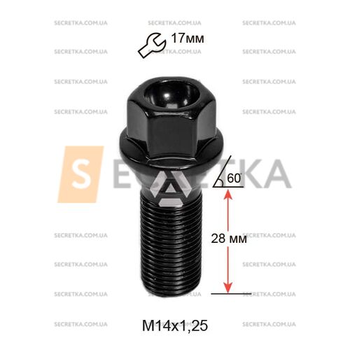 Болт колесный A177110 BK М14х1, 25х28мм Конус (BMW, Mini) Черный Ключ 17мм