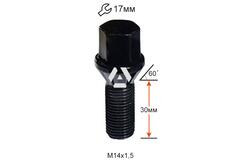 Болт колесный A174120 BK М14х1,5х30мм Конус Черный Ключ 17 (BMW, Volvo, Fiat, Citroen, Saab, Peugeot) Удлиненный
