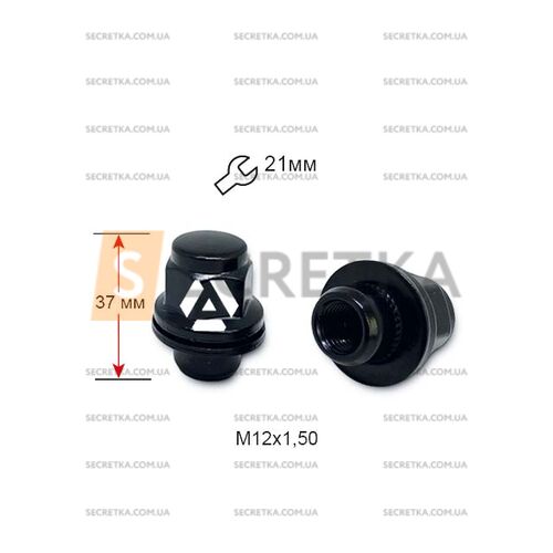 Гайка колесная A723845 BК M12х1,5х37 мм Пресшайба (Peugeot, Toyota, Lexus, Mitsubishi) Закрытая Черная матовая Ключ 21