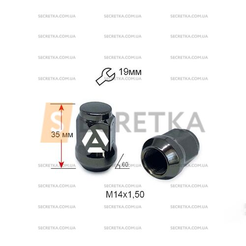 Гайка колесная A801448 GB M14х1,5х35мм Конус (Ford, Dodge, Ssang Yong) Закрыта Темно-серый Ключ 19