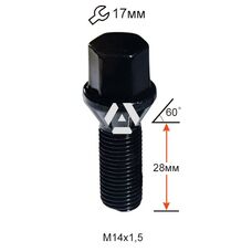 Болт колесный A174110 BA Cr М14х1,5х28мм Конус Черный Хром Ключ 17 (Alfa Romeo, BMW, Fiat, Citroen, Saab, Peugeot, Renault, Volvo)
