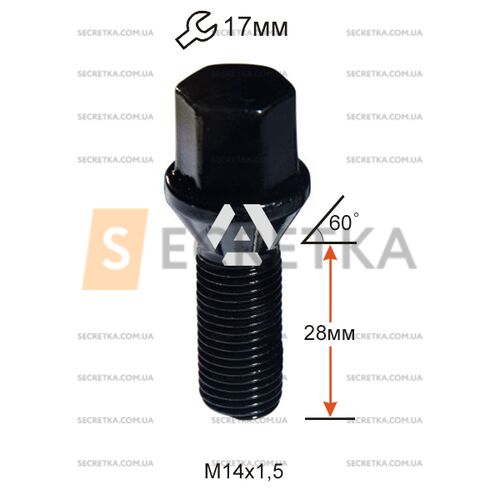 Болт колесный A174110 BA Cr М14х1,5х28мм Конус Черный Хром Ключ 17 (Alfa Romeo, BMW, Fiat, Citroen, Saab, Peugeot, Renault, Volvo)