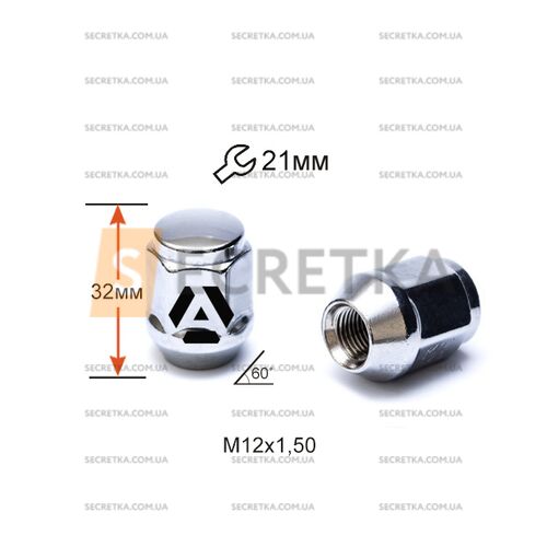 Гайка колесная A901345 М12х1,5х32мм Конус (Mazda, Kia, Hyundai, Daihatsu) Закрыта Хром Ключ 21