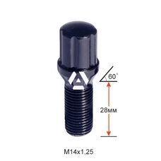 Болт колесный шлицевой A177110SD BACr М14х1,25х28мм Конус Черный Хром (BMW, Mini) для узких отверстий в диске Ключ-Адаптер AK192106SD