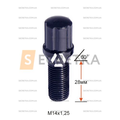Болт колесный шлицевой A177110SD BACr М14х1,25х28мм Конус Черный Хром (BMW, Mini) для узких отверстий в диске Ключ-Адаптер AK192106SD