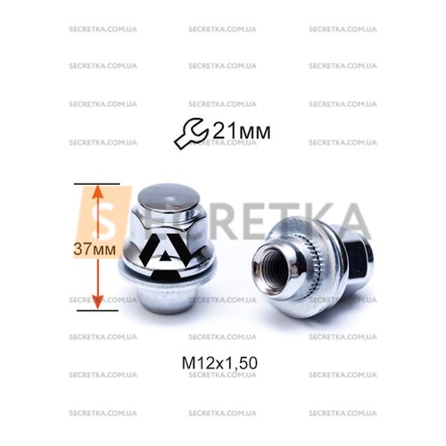 Гайка колесная A723845 М12х1,5х37мм Пресшайба (Peugeot, Toyota, Lexus, Mitsubishi) Закрытая Хром Ключ 21